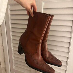 Brown leather western ankle boots